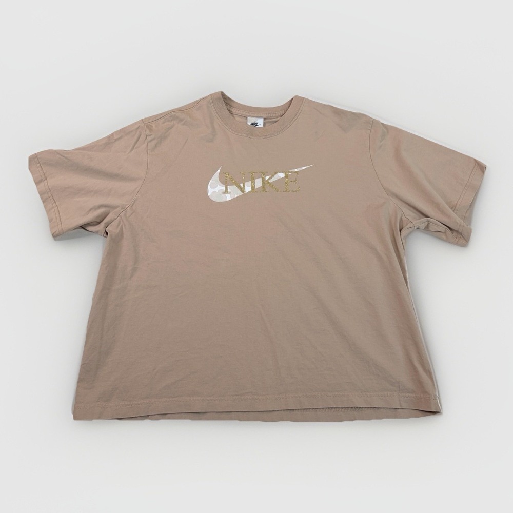Nike Womens Tee Shirt Boxy Size XL Brown Gold Crew Neck Casual Oversized Sporty